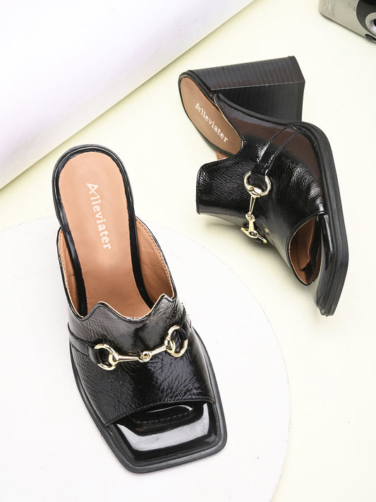 Casual Black Leather Heels