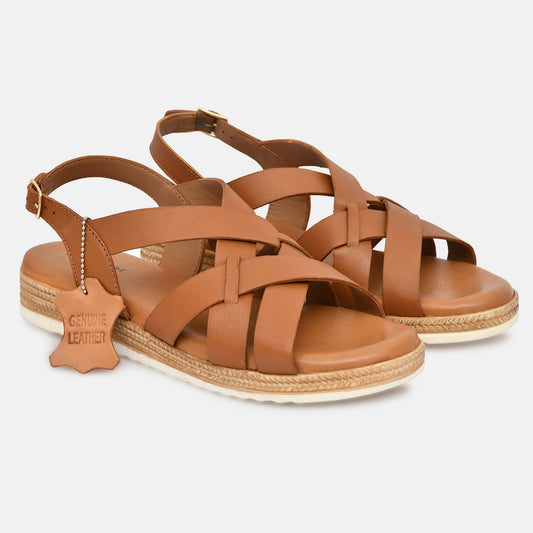 Tan Criss Cross Strappy Leather Sandals