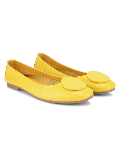 Casual Embellished Yellow Leather Ballerinas