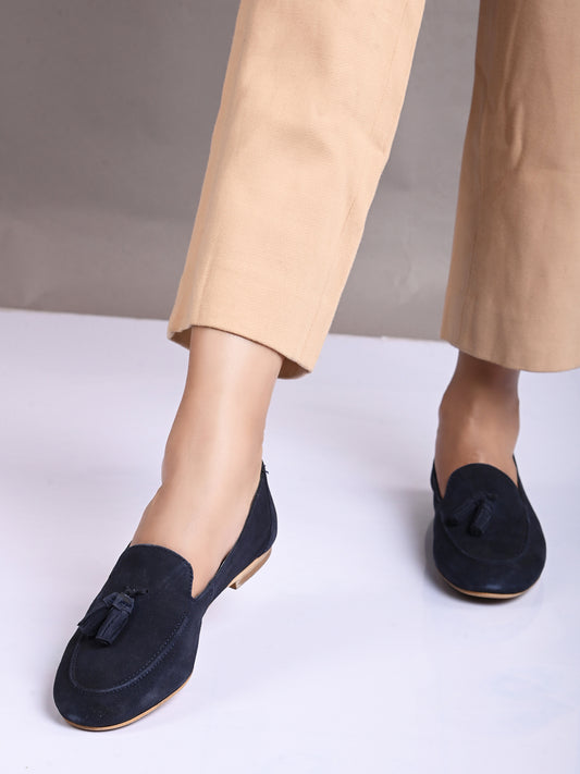 Ballerines décontractées en cuir bleu marine pour femme