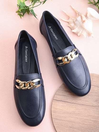 Casual Navy Leather Ballerinas