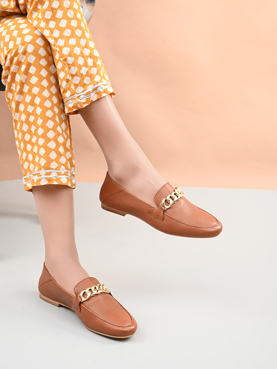 Casual Embellished TAN Leather Ballerinas