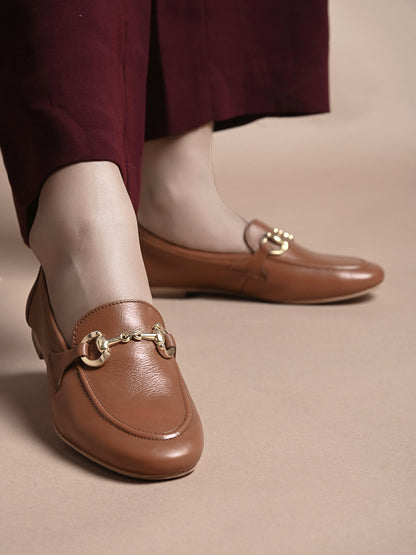 Casual Embellished Tan Leather Ballerinas