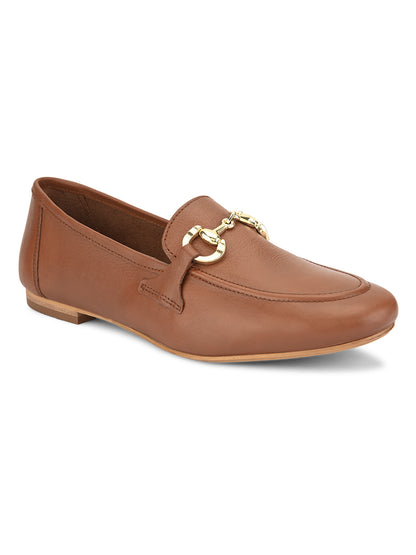 Casual Embellished Tan Leather Ballerinas