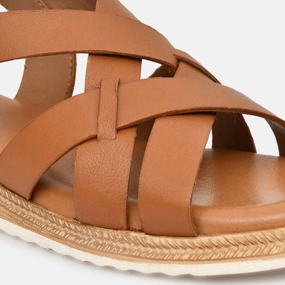 Tan Criss Cross Strappy Leather Sandals