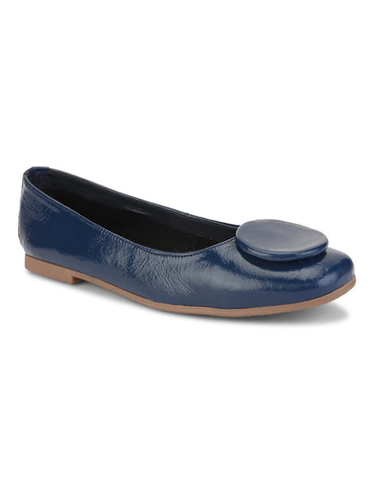 Casual Embellished Navy Leather Ballerinas