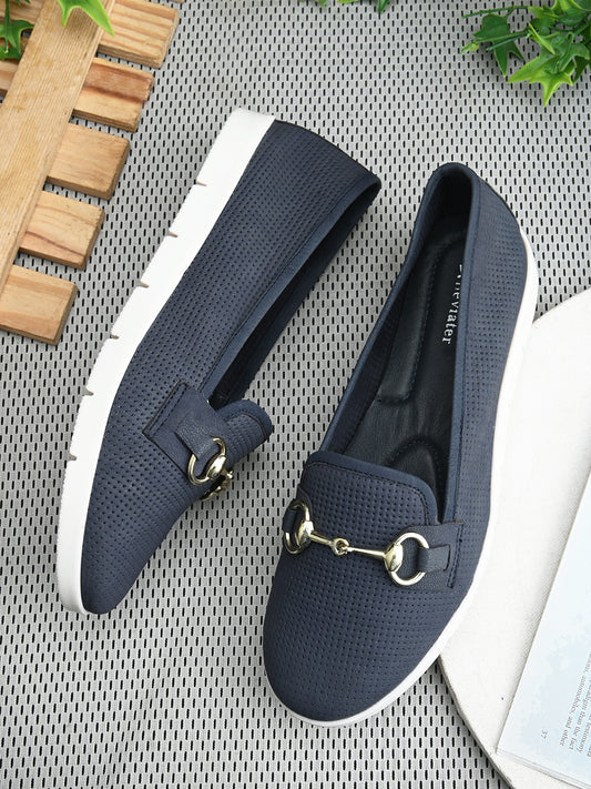 Casual Navy Blue Leather Ballerinas